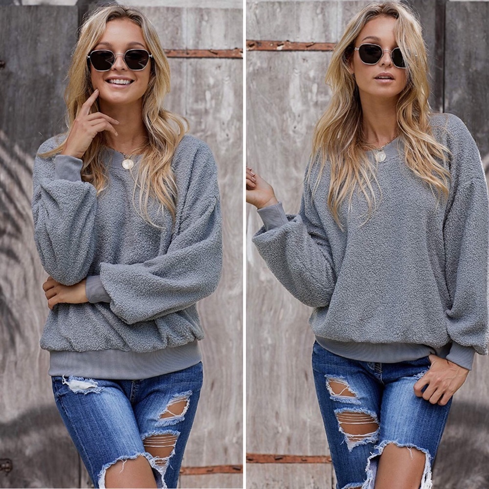✶NEW Fuzzy Gray Pullover Sweatshirt Coat Top✶ - Picture 7 of 8